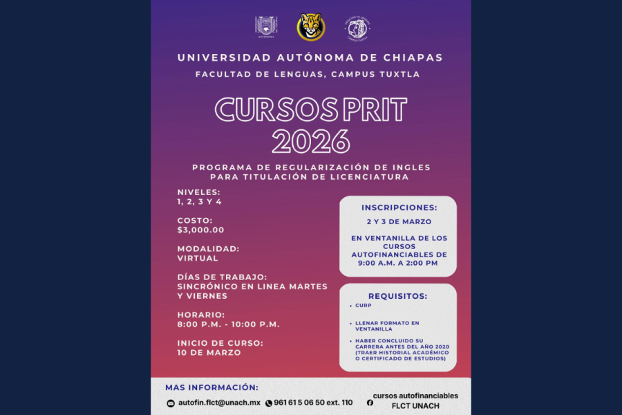 Facultad de Lenguas Tuxtla abre inscripciones para Cursos PRIT 2026, programa de regularización de inglés para titulación