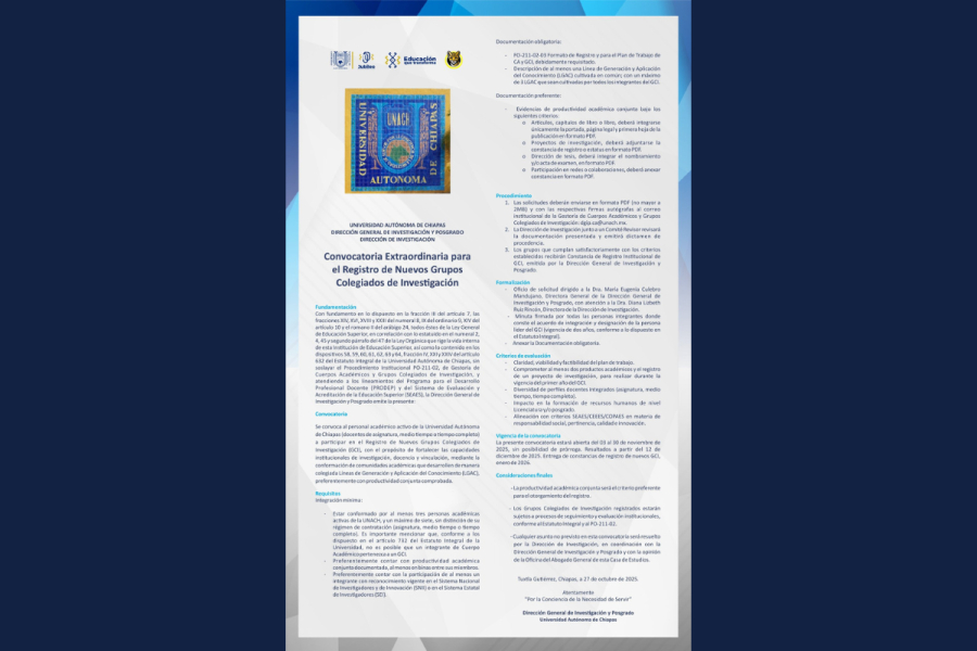 Convocan a académicos de la UNACH a integrar Grupos Colegiados de Investigación