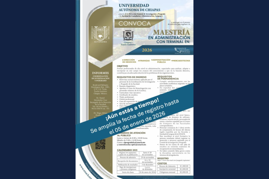 Se amplía la fecha límite de registro para Maestría en Administración hasta el 5 de enero de 2026