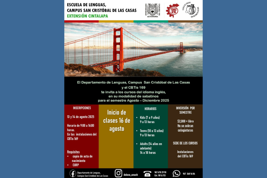 Invitan a cursos sabatinos de inglés en su Extensión Cintalapa