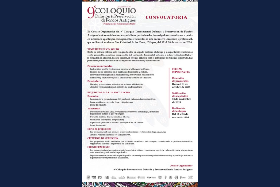 Convoca UNACH a su 9º Coloquio Internacional sobre Preservación de Patrimonio Documental Siniestrado