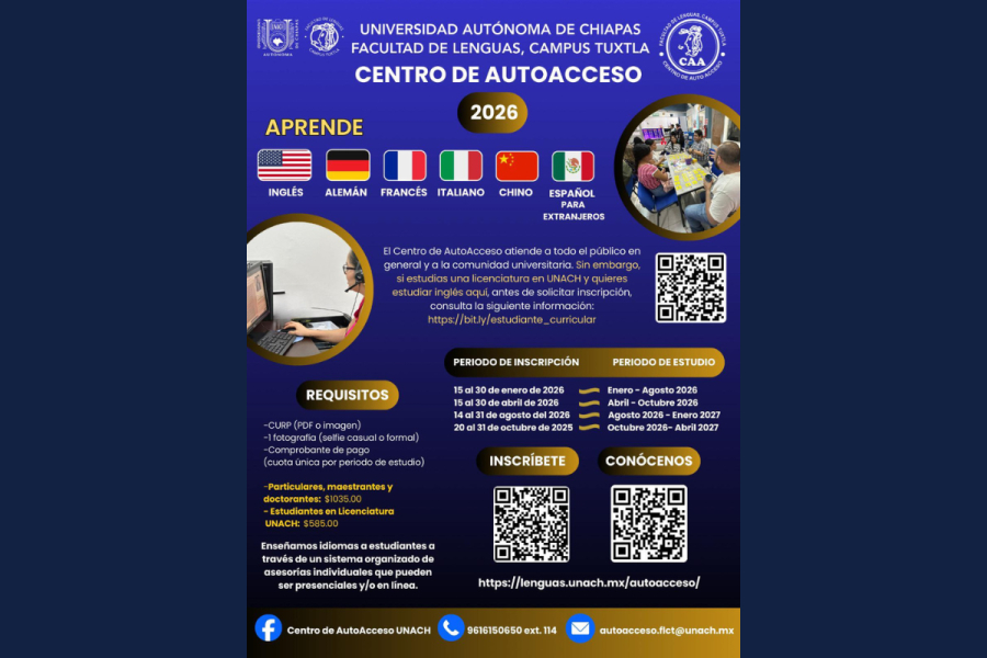 Abre  Lenguas Tuxtla inscripciones para Centro de Autoacceso de idiomas 2026