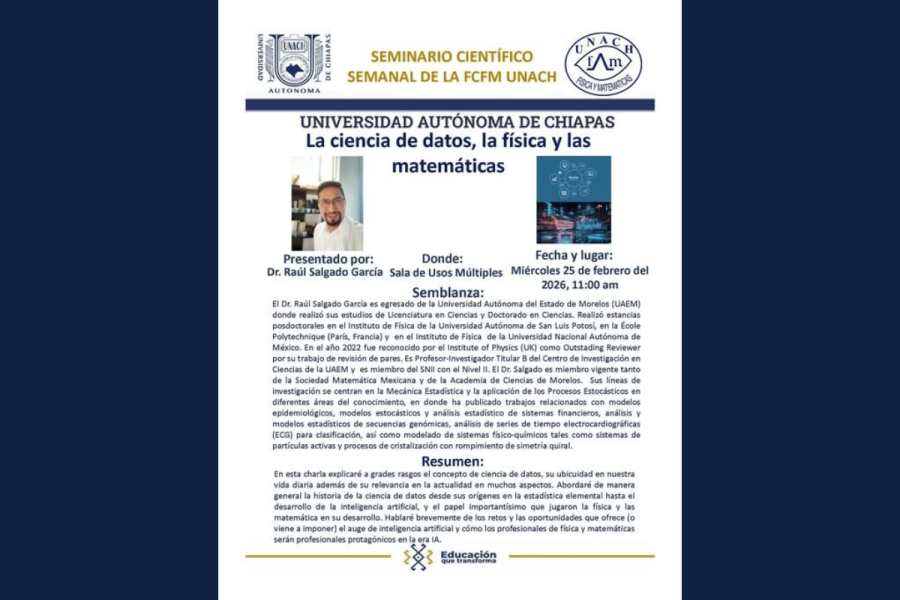 FCFM-UNACH invita al Seminario Científico Semanal “La ciencia de datos, la física y las matemáticas”
