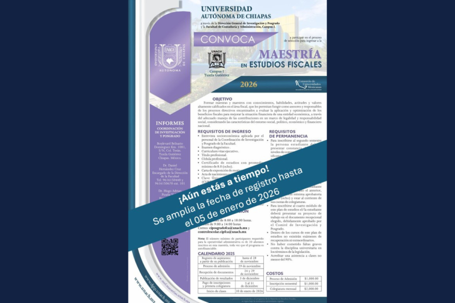 Publican convocatoria de posgrado dirigido a profesionales que deseen especializarse en el sistema tributario mexicano