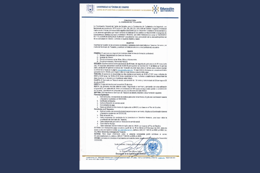 Convocatoria al Seminario de Titulación en Derechos Humanos