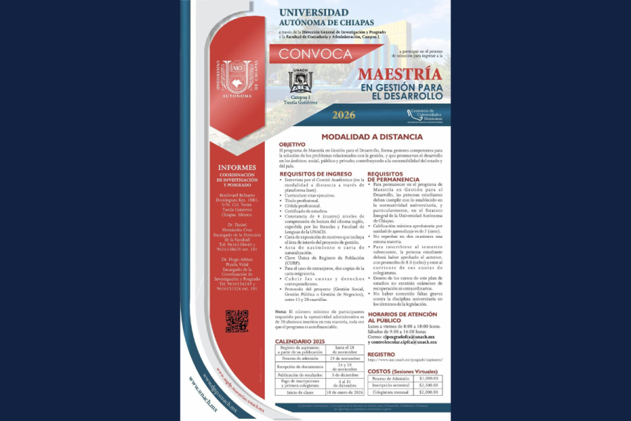 Convoca UNACH a Maestría en Gestión para el Desarrollo en modalidad a distancia
