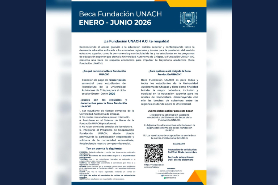 Abren convocatoria para Beca Fundación UNACH Enero–Junio 2026