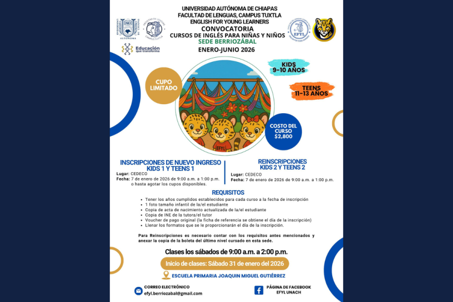 Facultad de Lenguas Campus Tuxtla de la UNACH abre inscripciones para programa de inglés dirigido a niños y adolescentes en Berriozábal