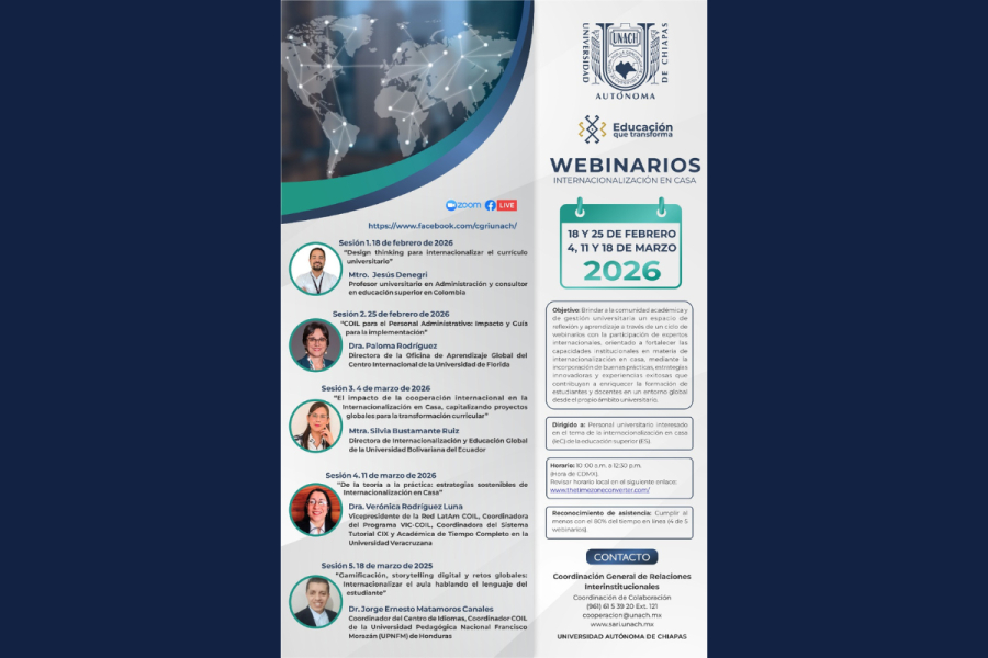 Invita CGRI-UNACH a ciclo de webinarios internacionales para fortalecer la internacionalización en casa