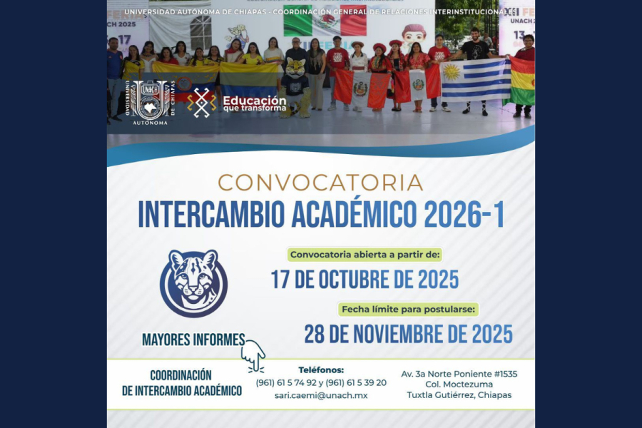 Abre CGRI UNACH convocatoria para intercambios académicos nacionales e internacionales 2026-1